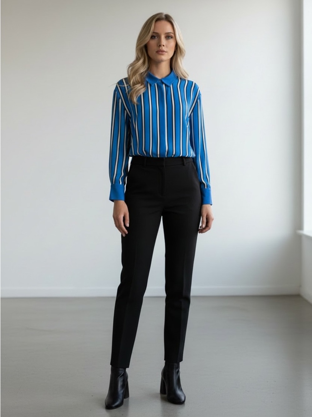 Alice + Olivia Cobalt Blue Stripe Viscose Button-Down Blouse | Size M | Collared